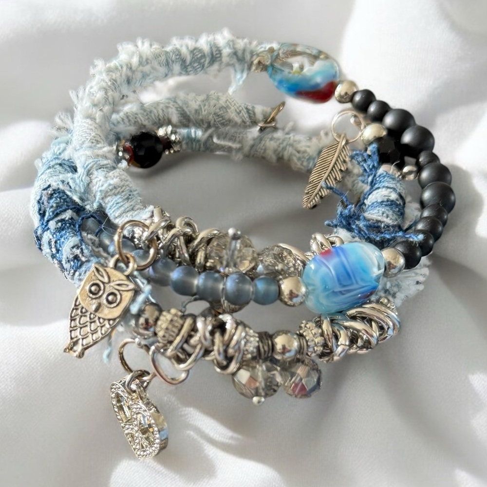 Boho Denim & Crystal Memory Wire Bracelet – Upcycled Denim Wrap with Charms